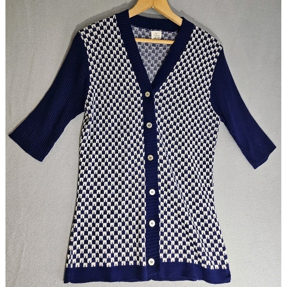 VTG 1970s Mod Geometric Blue/White Elbow Length/ShortSleeve Retro Grandpa core
